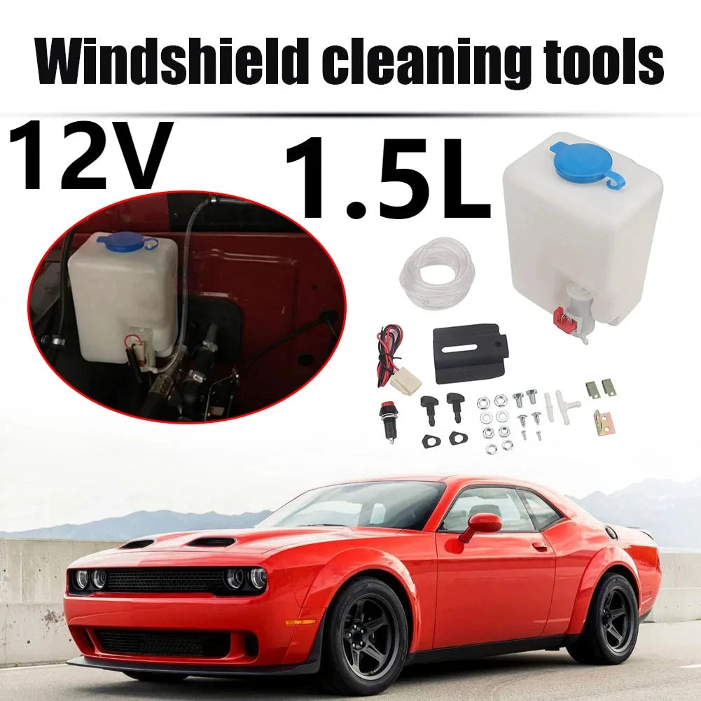 1.5L 12V Universal Windscreen Washer Bottle Tank Pump Wiper System Reservoir Kit Fluid Nozzle Sprayer Car Windshield Clean Tools GlowCart