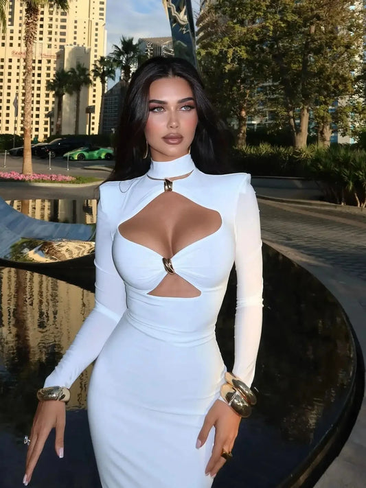 Cut Out Dress Women V Neck Long Sleeve Casual Column Dress GlowCart