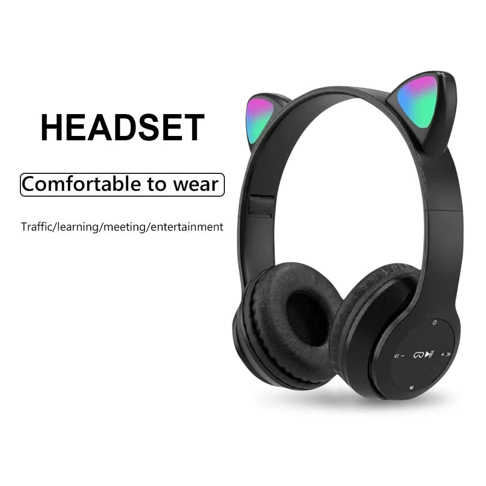 Cute Cat Ear Headphones with RGB LED Light Wireless Headset GlowCart