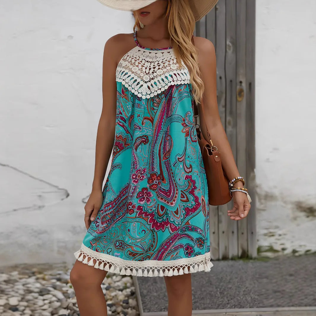 2025 New Women's Dress Embroidered Splicing Fashion Printed Off-shoulder Ethnic Beach Vest Mini Skirt GlowCart