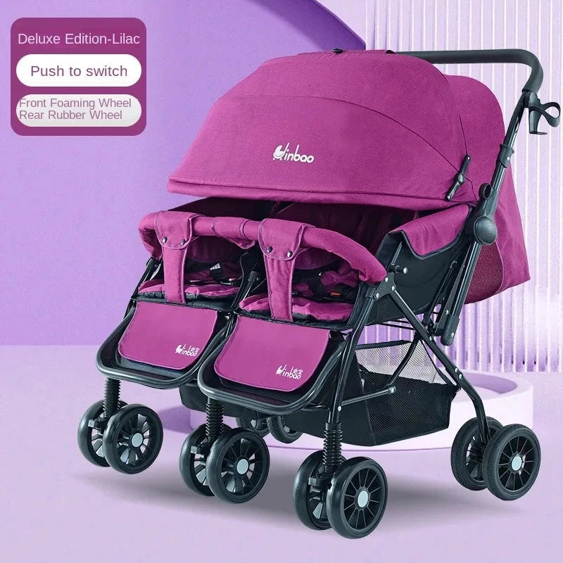 Baby Double Pushchair Ultra Lightweight Two-way Foldable Shock Absorbing Poussette Double Can Sit and Lie Down Twin Pram GlowCart