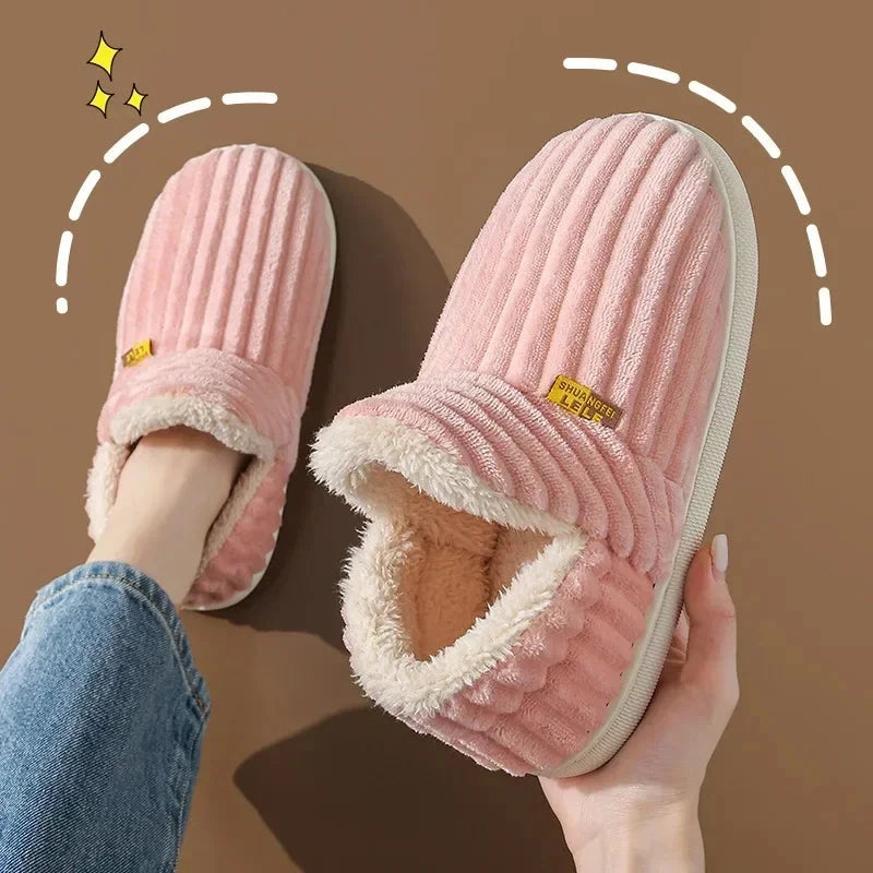 Winter Couple Style Concise Solid Color Wrap Heels Plush Slippers Non-slip Warm Flip Flops Women Men Home Casual Cotton Shoes GlowCart