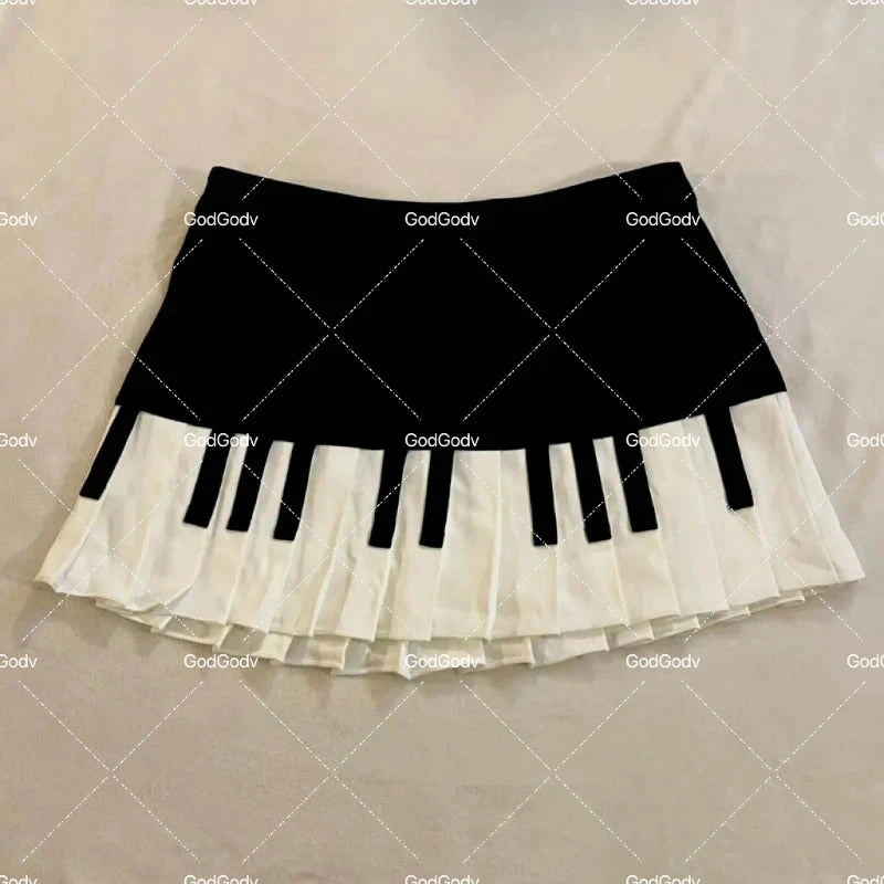 Spring Black White Spliced Women Short Skirt 2025 Y2k Slim GlowCart