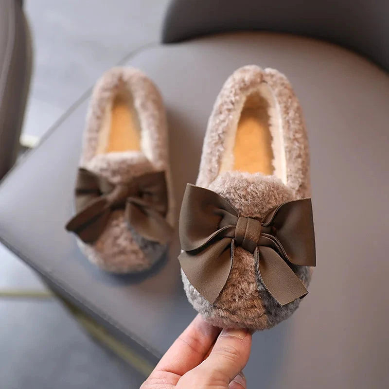 Girls Winter Shoes Cotton-padded Warm Cotton Fur Fluffy Children Flats Kids Loafers Slip-on Princess Sweet Anti-slippery Bowtie GlowCart