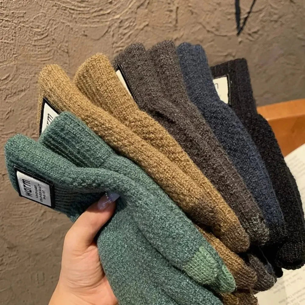 New Men Winter Warm Knitted Gloves Windproof Solid Color Touch Screen Gloves Thickened Plush Cycling Gloves GlowCart