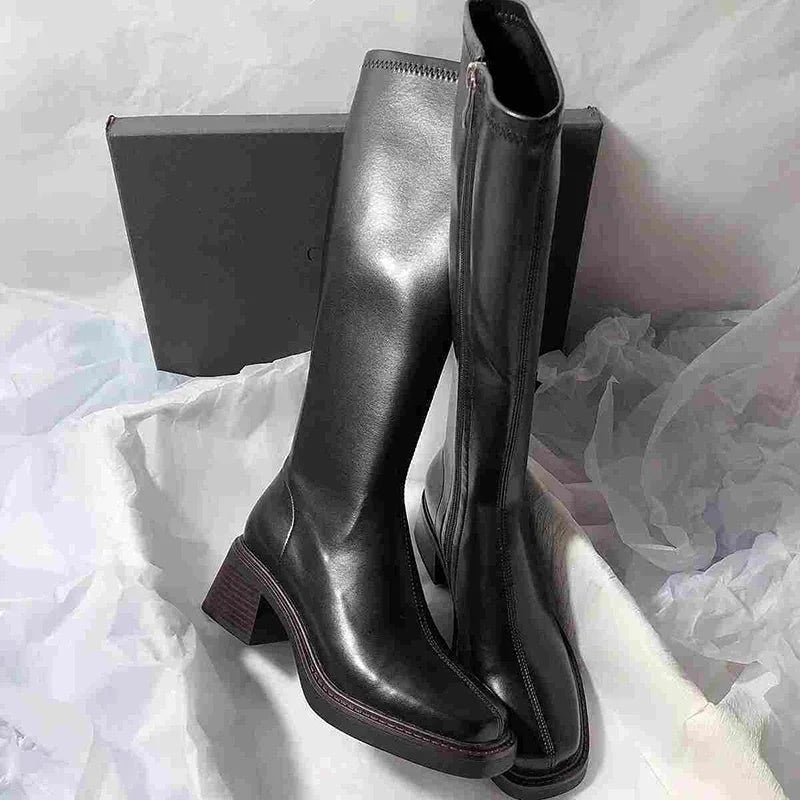 Vintage Thick Heel Women Knee High Boots Fashion Side GlowCart