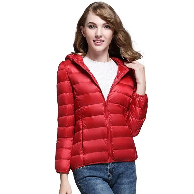 Winter Women's Light Down Hooded Jacket,Red Blue Khaki Green GlowCart