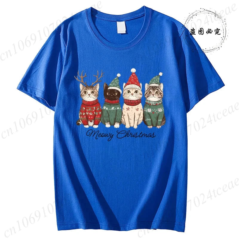 Meowy Christmas Cat Print Women Fashion T Shirt Girl O Neck GlowCart