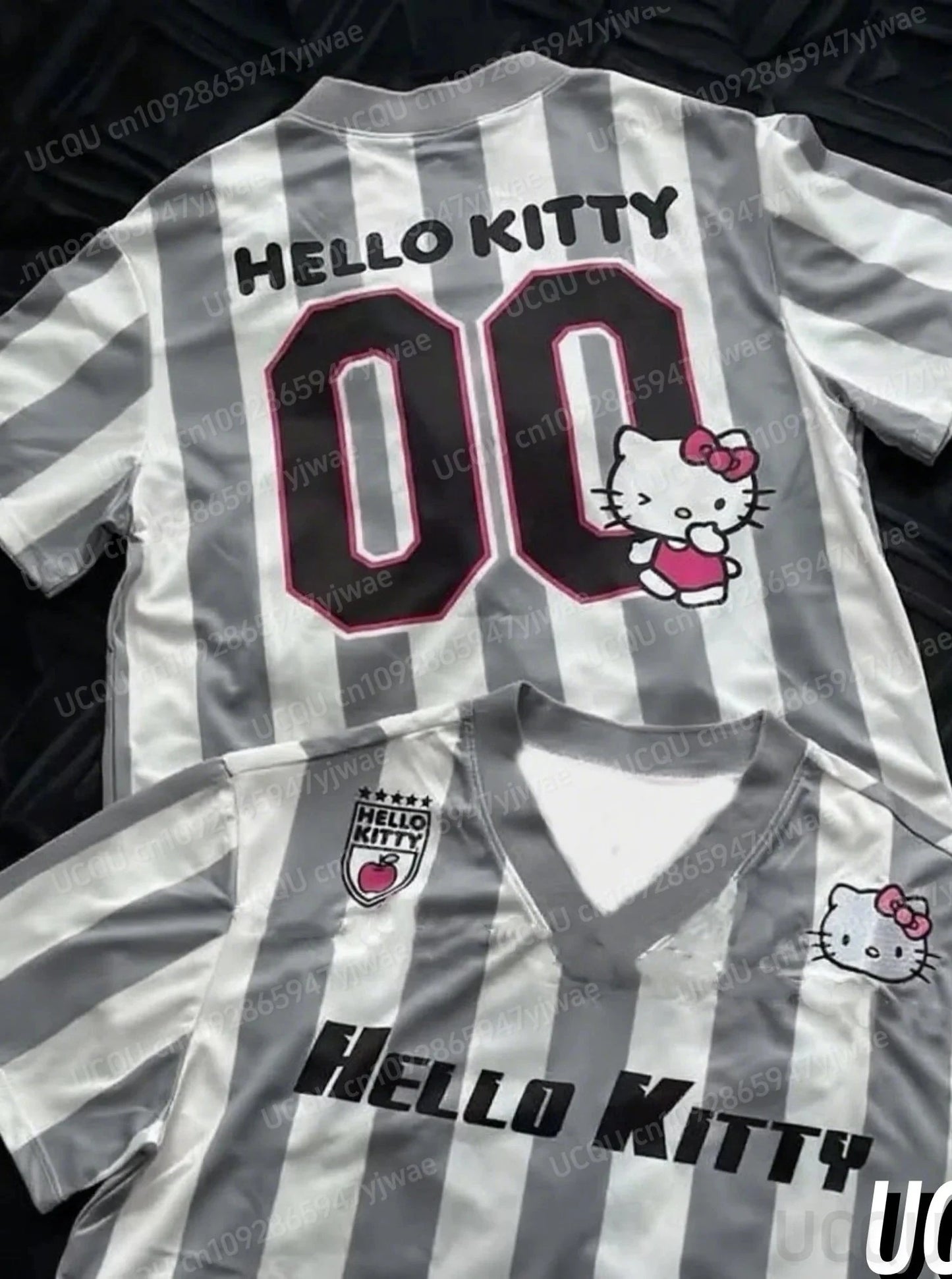 2025 Women HELLO KITTY STRIPE Print V-Neck Short Sleeve GlowCart