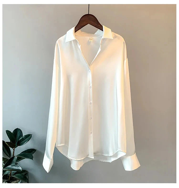 1pcs Woman Spring Autumn Satin Shirt Lady Long Sleeve Lapel GlowCart