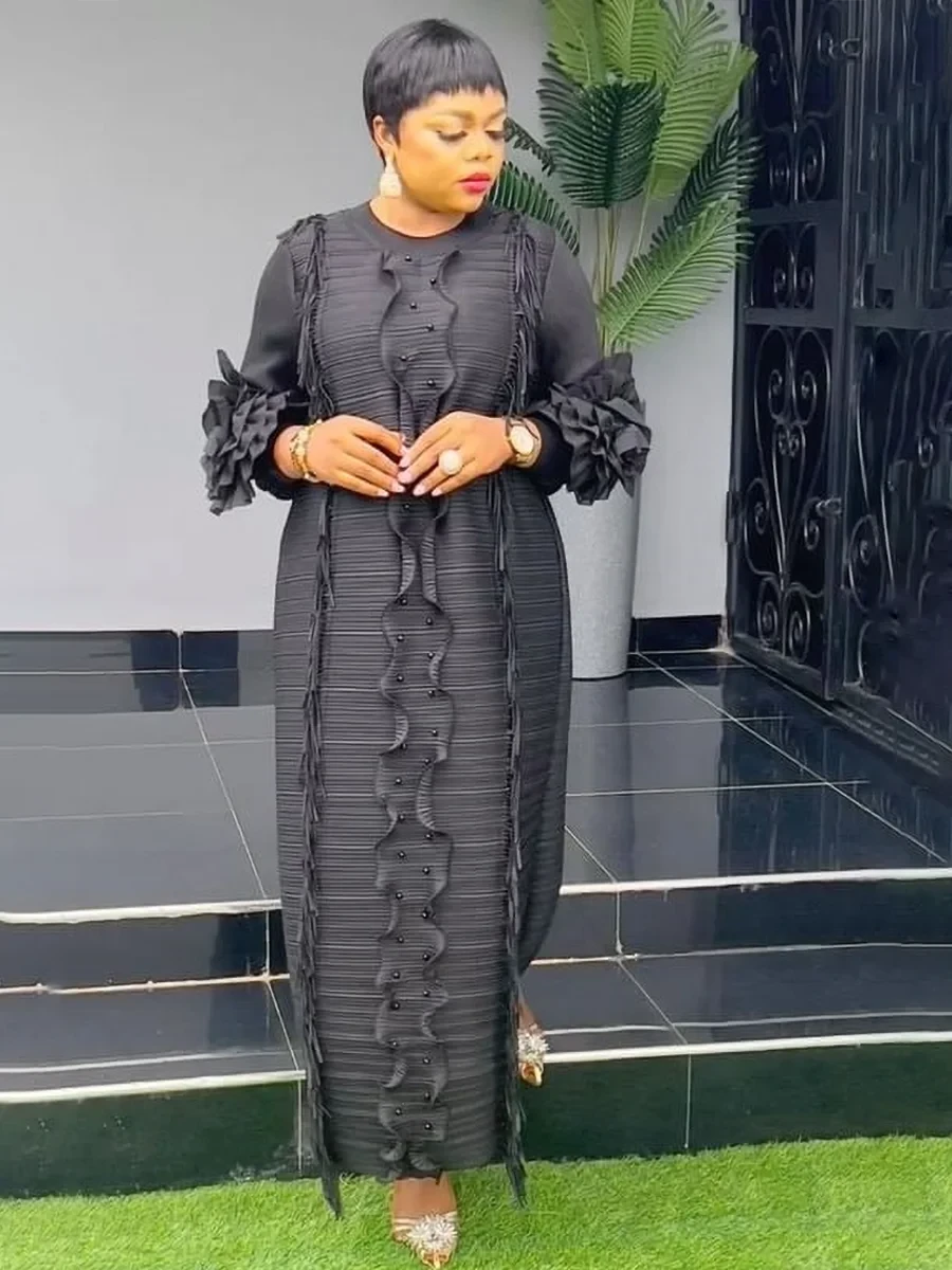 EGRM Miyake Pleated Dress Round Collar Full Sleeve Ruffles GlowCart