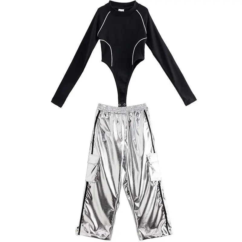 Jazz Dance Girls Clothes Kids Hip Hop Dance Costume Black Leather Crop Tops Hiphop Pants Catwalk Performance Clothing BL13600 GlowCart