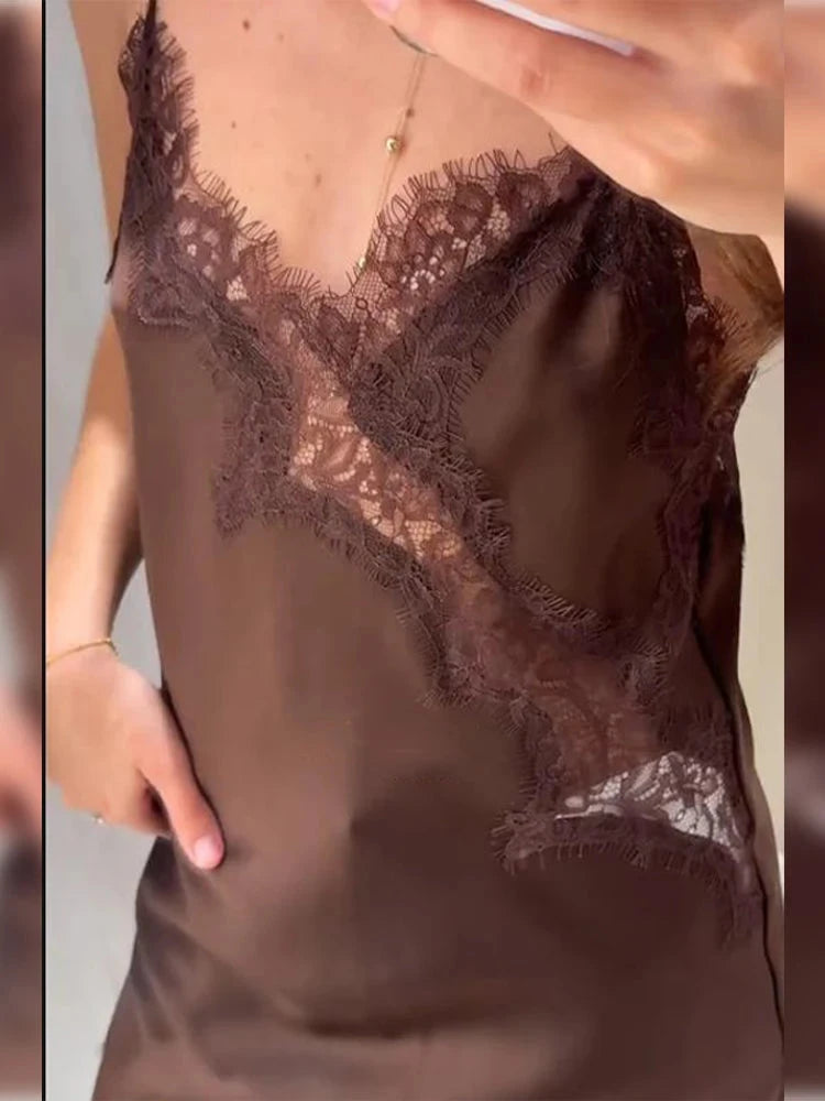 Sexy Lace Patchwork Sling Dress Women Satin Off-shoulder GlowCart