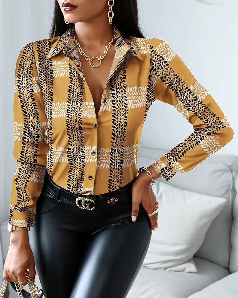Women Fashion Wild Shirts Chain/Floral/Letter/Geometric Square Print Turn-Down Collar Long Sleeve Blouses GlowCart