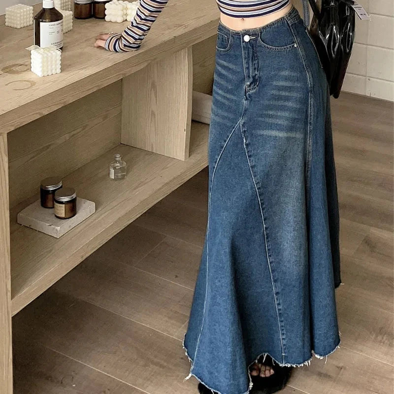 2025 Autumn Women's Y2K Jeans American Retro High Waist Denim Skirt Raw Hem Mermaid Maxi Length Flared Style  2750 GlowCart