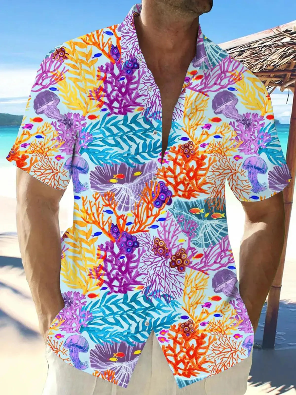 New Hawaii Spring/Summer Fashion Leisure Street Walk Tourist Beach Printed Full Open Short Sleeve Button Shirt, Quick Shipping GlowCart