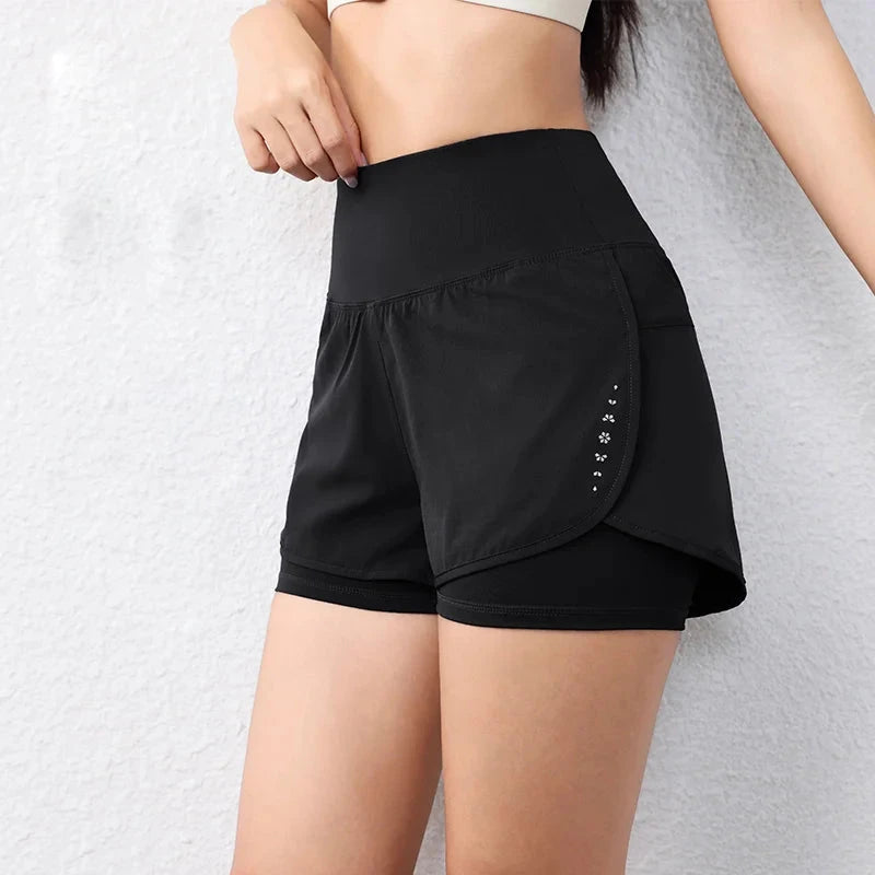 quick-drying women's running shorts sports layer elastic waist active sports shorts with pockets yoga shorts GlowCart