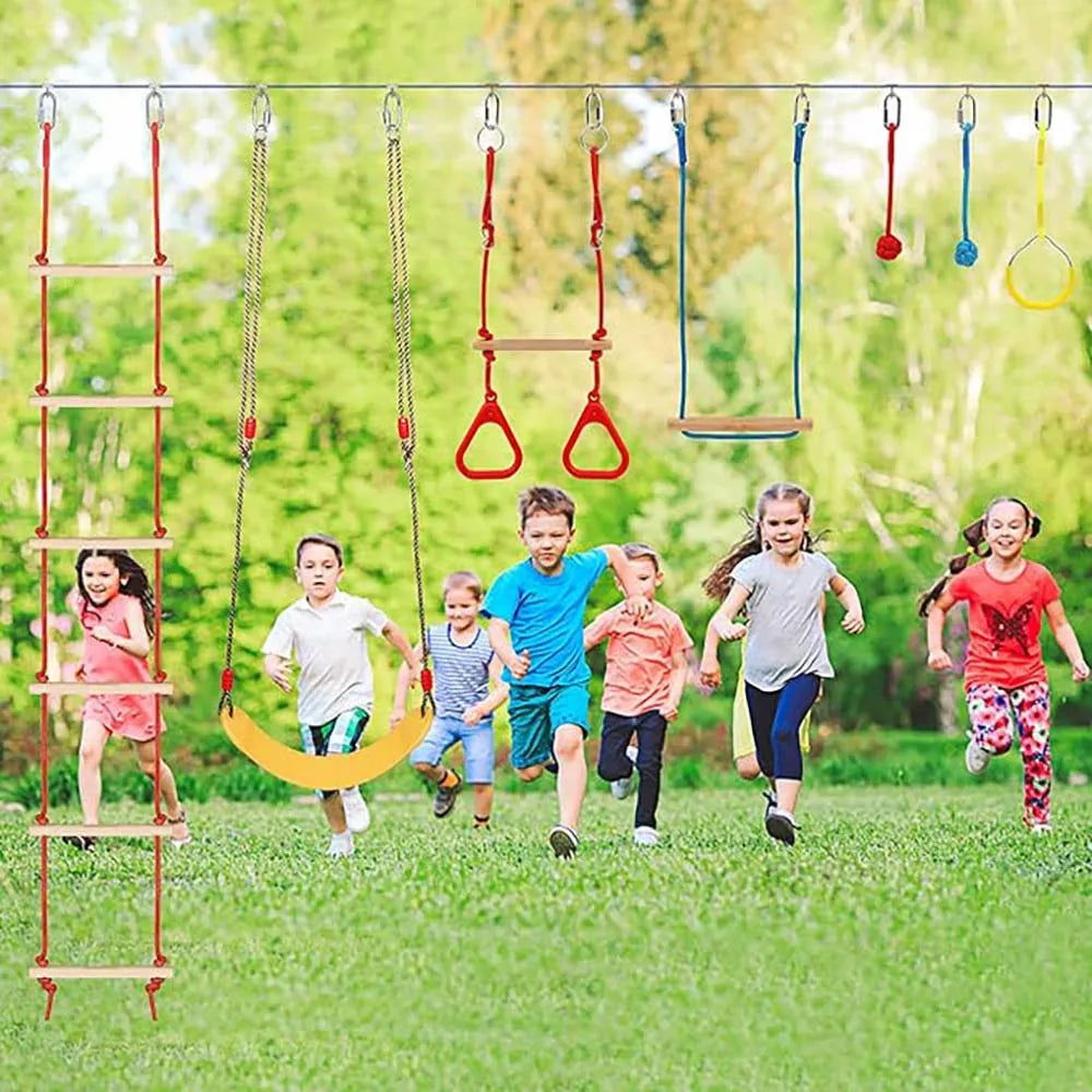 Warrior Obstacle Course For Kids And Adults - 65FT Slackline With Tree Climbing Rock Holds, Swing Seat, Monkey Bars, Ring Wheel, GlowCart