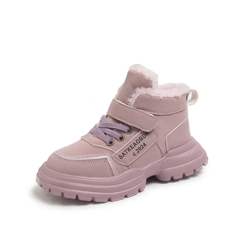 Boys Girls Sports Boots with Fur 2025 New Fashion Kids Ankle Boots Warm for Winter Sweet Students Short Boots Non-slip Soft Sole GlowCart