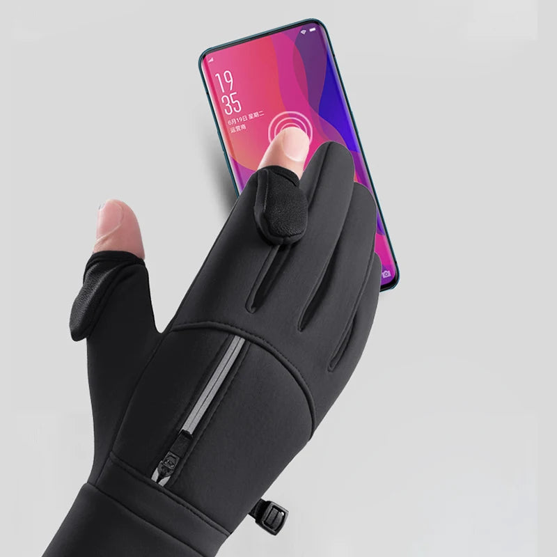 Winter Cycling Gloves Windproof Men Women Touchscreen Warm Gloves Motorcycle Water-Repellent Zipper Pocket Fingertip Flip Gloves GlowCart