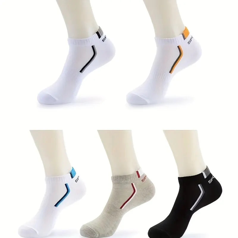 5pairs Men's Fashion Sports Socks, Striped Cotton Sweat Absorption Breathable Comfortable Ankle Socks GlowCart