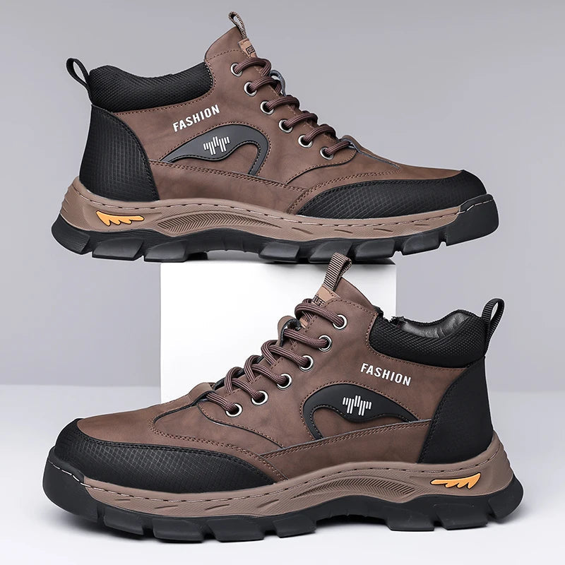 Men's Lace-Up High Top Shoes Fashion Leather Casual Shoes for Man Outdoor Motorcycle Boots Male Ankle Botas Warm Walking Boots GlowCart