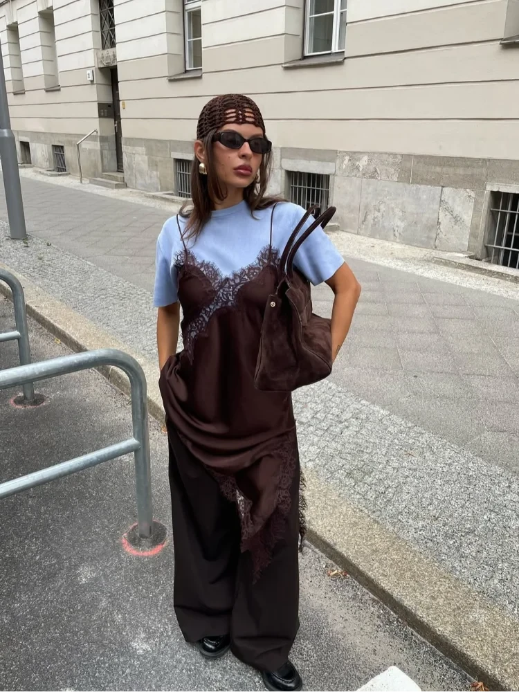 Sexy Lace Patchwork Sling Dress Women Satin Off-shoulder GlowCart