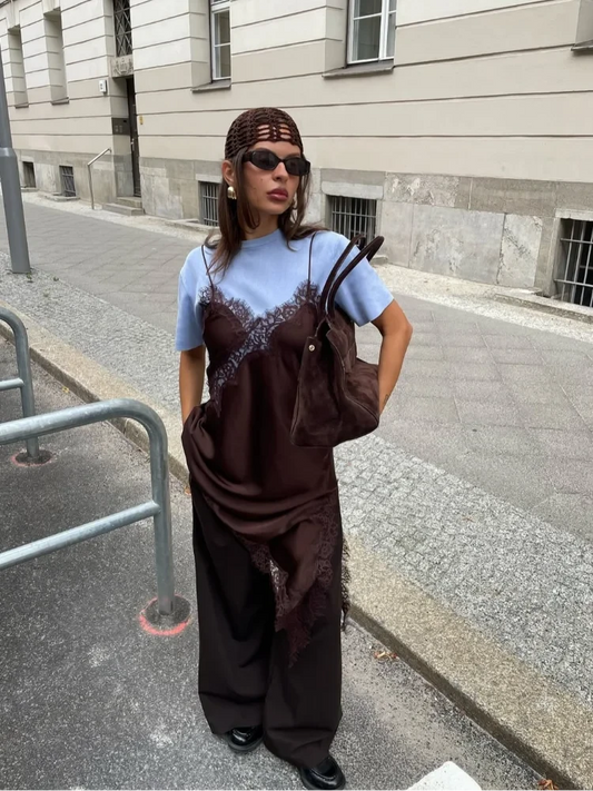 Sexy Lace Patchwork Sling Dress Women Satin Off-shoulder GlowCart