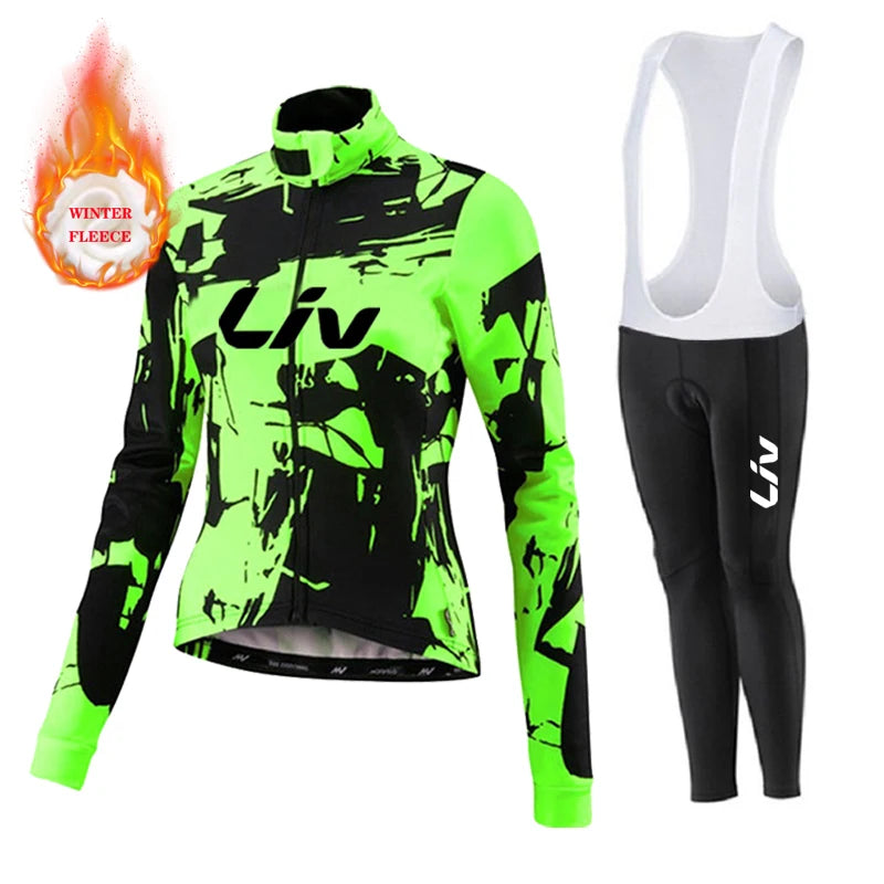 Liv Women Team Winter Fleece Long Sleeve Cycling Jersey Set Mountian Bicycle Clothes Wear Ropa Ciclismo Racing Bike Jersey Suit GlowCart