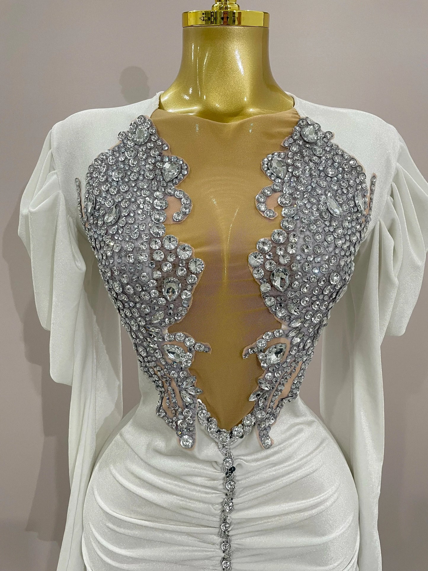 Luxury Sparkly Crystals Sexy Mesh White Velvet Short Dress GlowCart