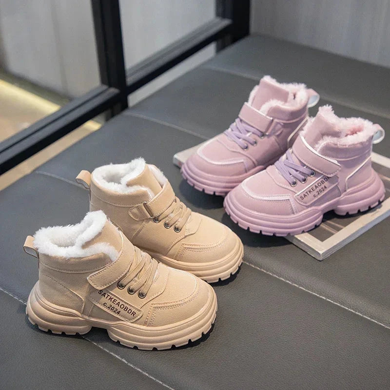 Boys Girls Sports Boots with Fur 2025 New Fashion Kids Ankle Boots Warm for Winter Sweet Students Short Boots Non-slip Soft Sole GlowCart