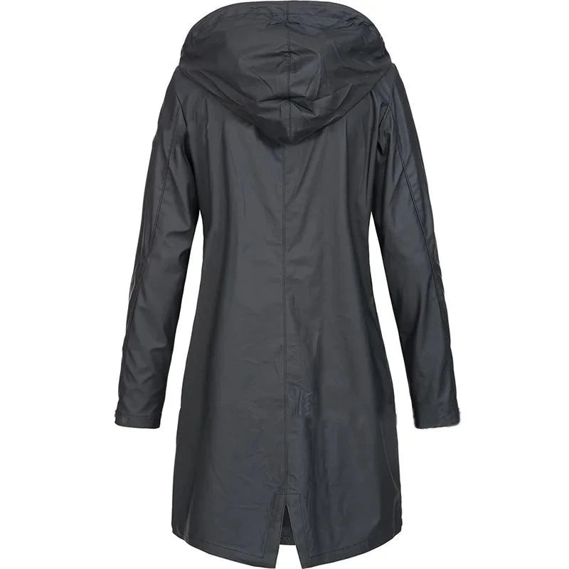 Women Casual Solid Color Long Coat Waterproof Zipper Rain GlowCart
