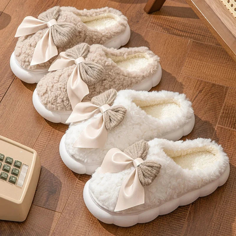 Winter Warm Fur Slippers for Women Cute bow House Non Slip GlowCart