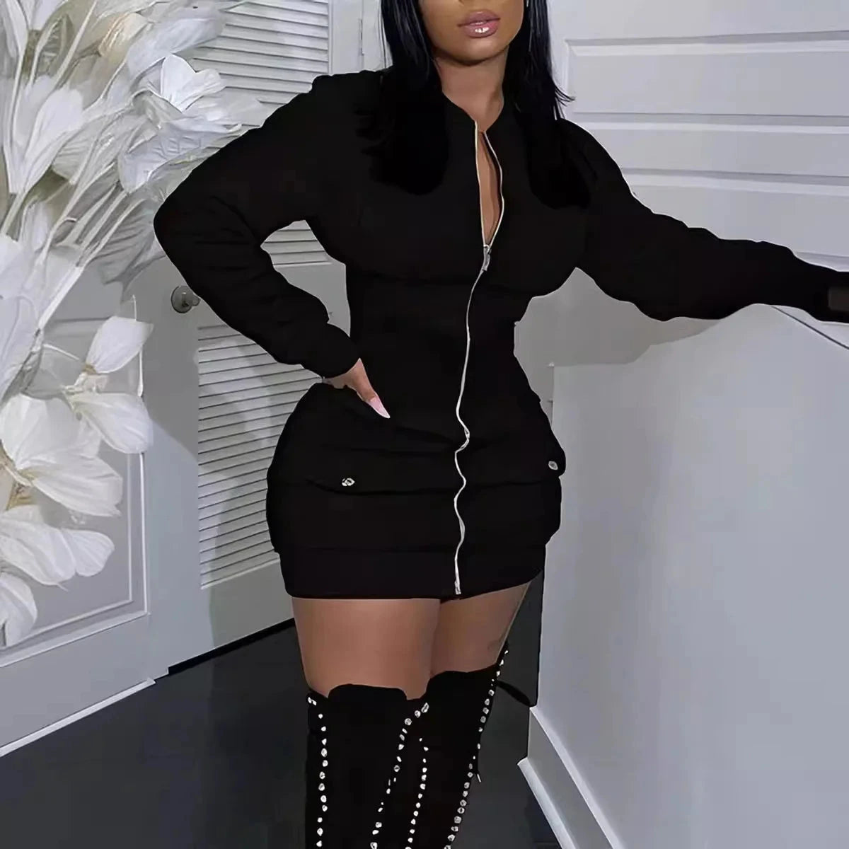 Fashion Long Sleeve Zipper Black Mini Dress Women 2025 GlowCart