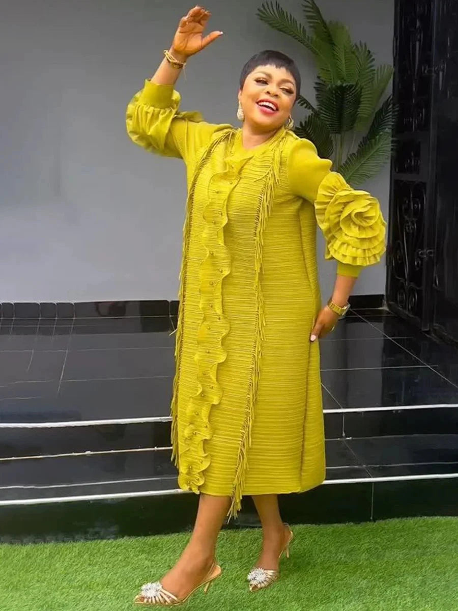 EGRM Miyake Pleated Dress Round Collar Full Sleeve Ruffles GlowCart