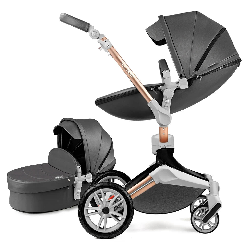 Hot Mom F023 Baby Stroller 2 in 1,Rotates 360 Degrees,PU Leather, Mosquito Net, Rain Cover, Adapter, Cup Holder, large wheels GlowCart