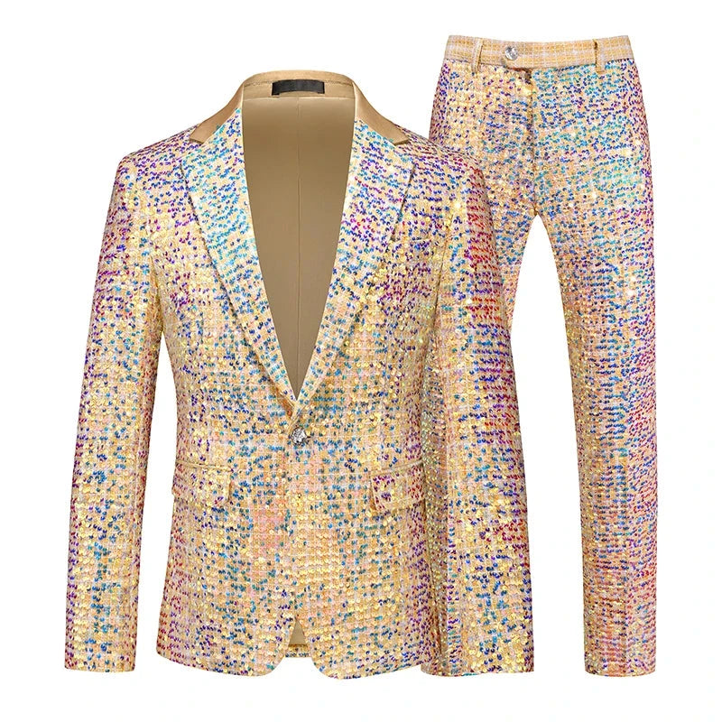 Fashion Men Luxury Sequin Suit 2 Piece Gold Trend Singer GlowCart