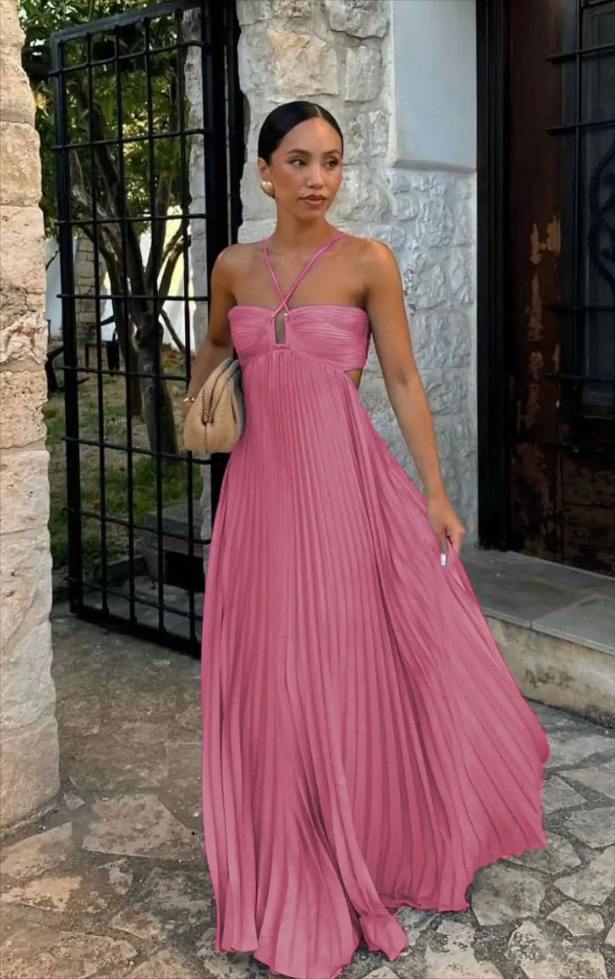 2025 High Waist Pleats Robe Dress Casual Sleeveless Solid GlowCart