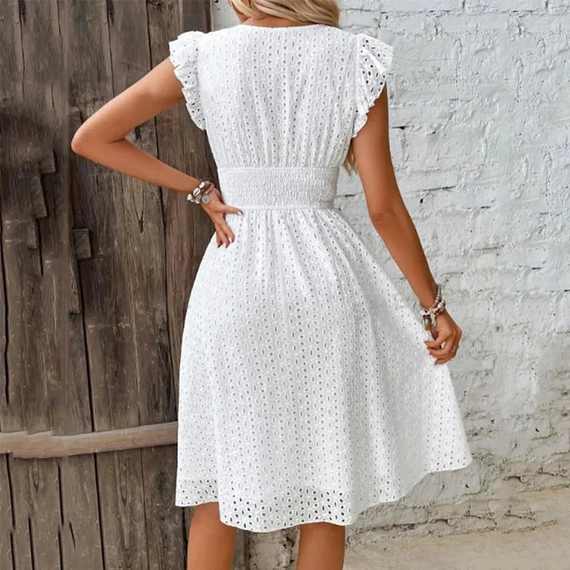 Summer Women V-Neck Beach Dress Flare Sleeve Solid Color GlowCart