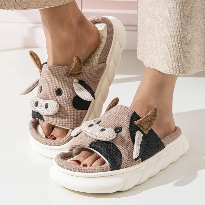 Cartoon Cute Cow House Slippers Women Platform Soft Sole GlowCart