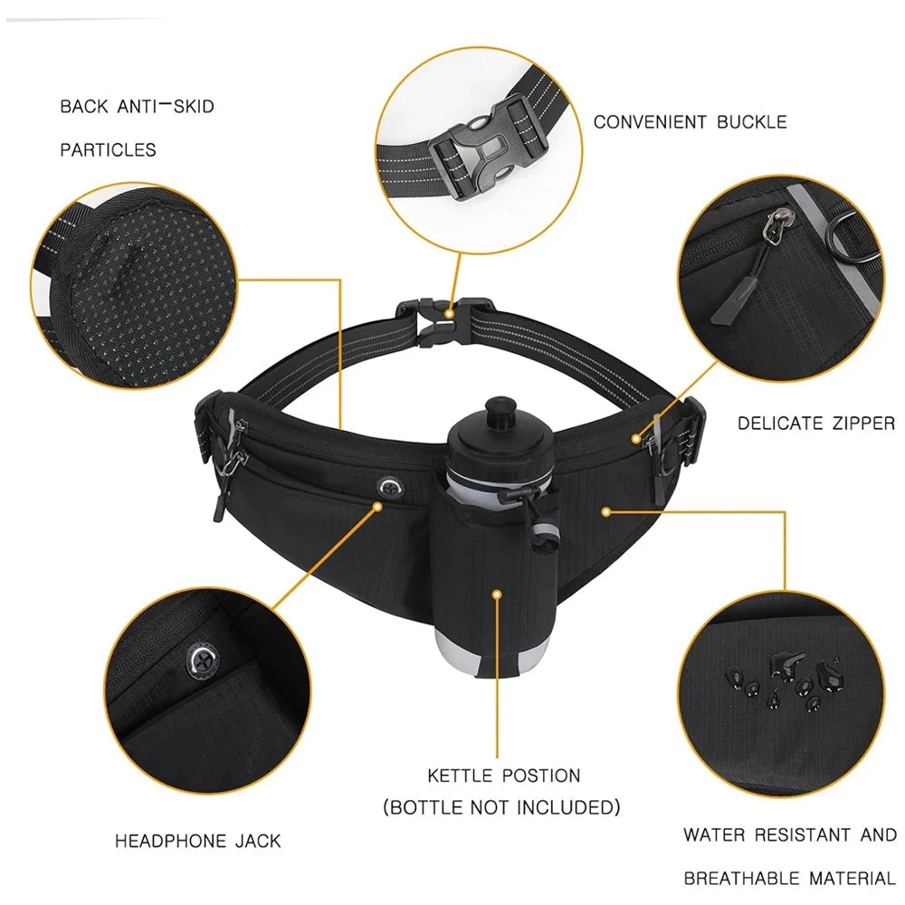 Waterproof Hydration Running Belt with 90° No-Bounce Bottle Holder - Adjustable Reflective Waist Pack for Hiking, Cycling, Gym GlowCart