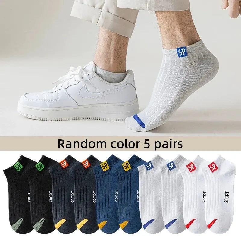 5pairs Men's Fashion Sports Socks, Striped Cotton Sweat Absorption Breathable Comfortable Ankle Socks GlowCart