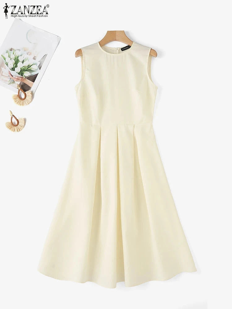 ZANZEA Women Sleeveless Pleated Dress 2025 Summer Korean GlowCart