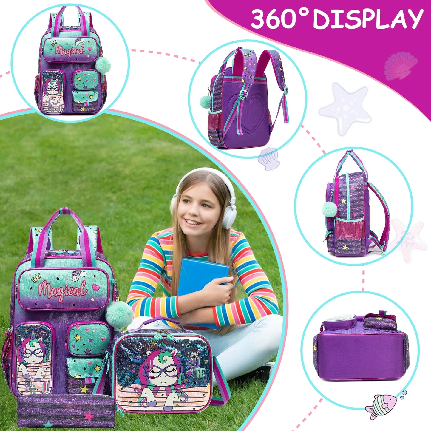 School Bags for girls Backpacks for Kids with Lunch Bag and Pencil CasesCute Backpacks for Kindergarten and Elementary School GlowCart