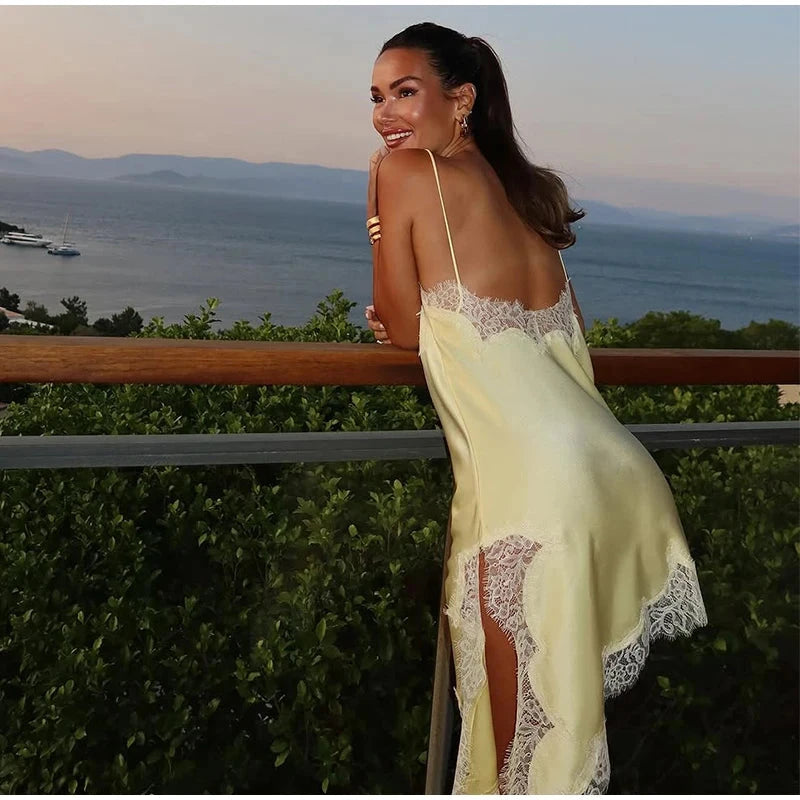 Sexy Lace Patchwork Sling Dress Women Satin Off-shoulder GlowCart