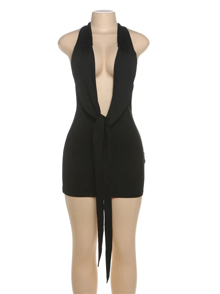 Weird Puss Sexy Halter Dress Women Backless Deep V-Neck GlowCart