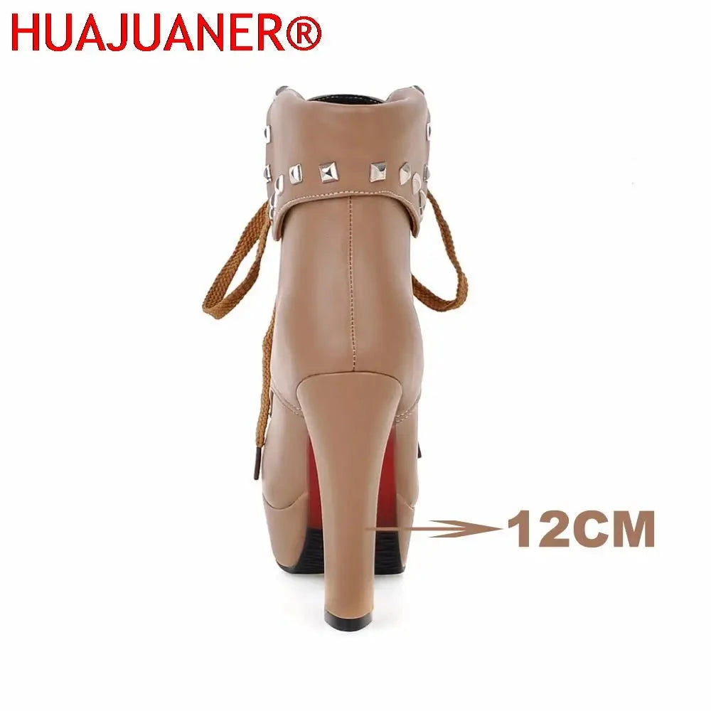 Winter Style Thick High Heels Rivets Lace Up Ankle Boots GlowCart