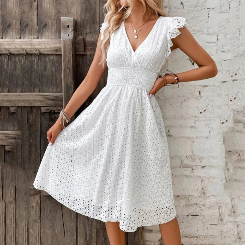 Summer Women V-Neck Beach Dress Flare Sleeve Solid Color GlowCart
