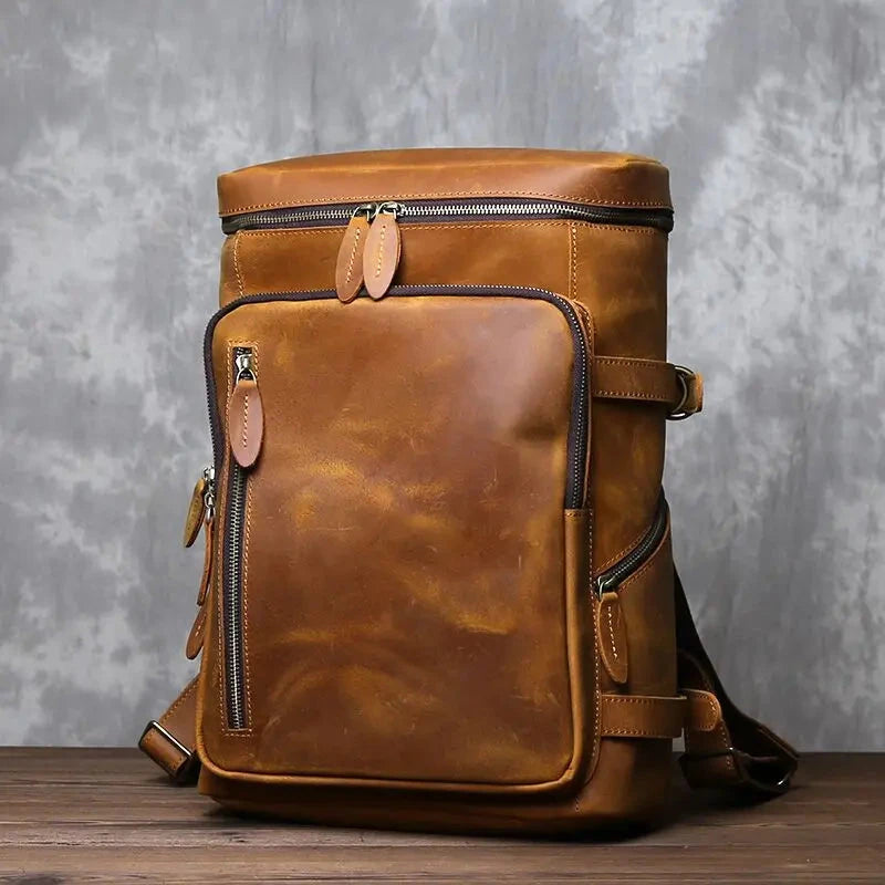 Retro Crazy Horse Leather Vertical Style Backpack Men's Head GlowCart