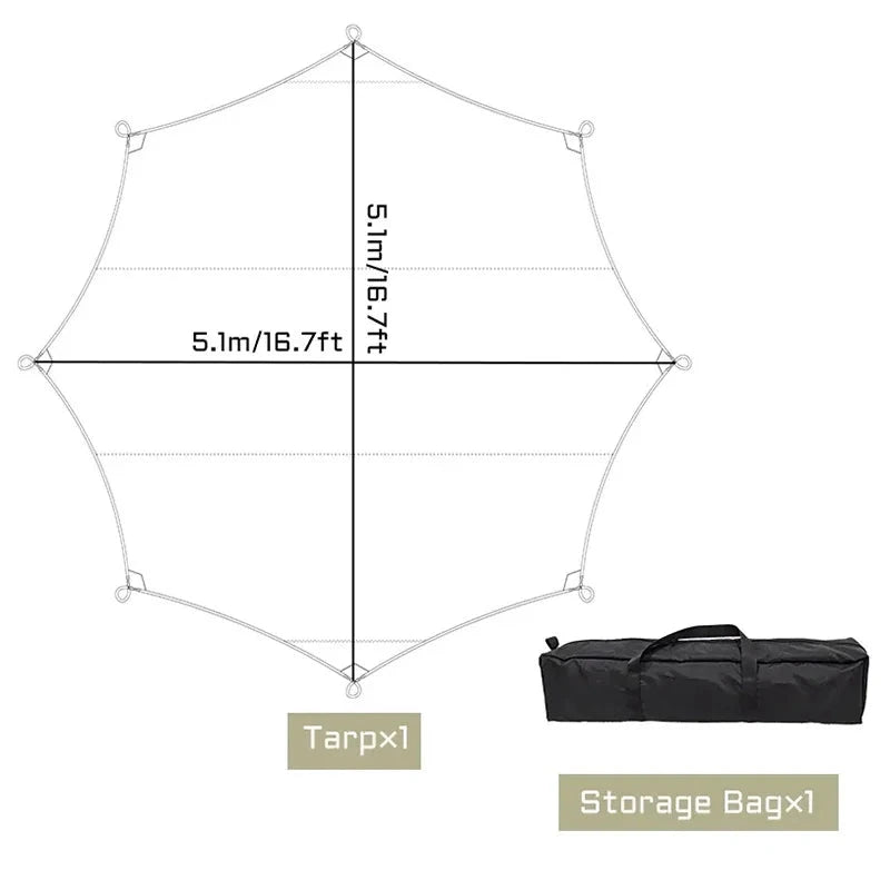 5.1x5.1m Large Camping Tarp Waterproof Octagon Butterfly GlowCart